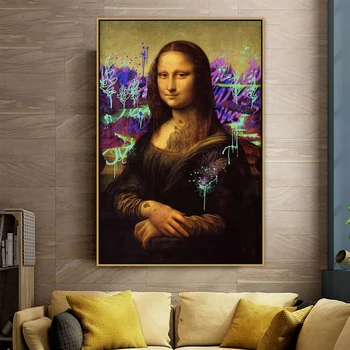  Улично графити, картината Мона Лиза на платно в рамка, забавни класически портрет плакати и щампи, стенни картина за хола