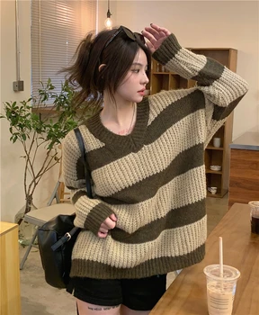  2022 Новият есенно-зимния жена топ в контрастни райета, свободно вязаный пуловер с дълъг ръкав, безплатна доставка