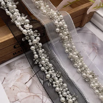  1 ярд (91 см) и Дантела, ръчно изработени с перлата на мъниста, 4 см кристални мъниста, украса за шиене, материал на сватбена рокля 