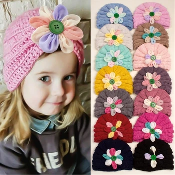  Зимна шапка с флорални чар за малки момичета, топло вязаная шапчица, ветрозащитный капор, подарък за душ за бебета, малки деца