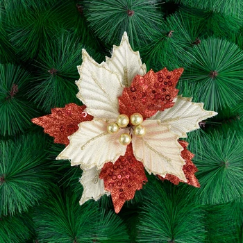  22 см Имитация на златна мрежа, Коледни цветя резници, украси за Коледната елха, окачване, Коледни декоративни цветя
