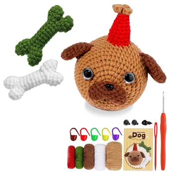  Нов комплект за плетене на една кука САМ Basa Dog Комплект за плетене на една кука с пряжей и спици, Плюшен кукла Лесно