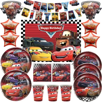  Автомобили Украса за парти по случай рожден ден, прибори за хранене Lightning McQueen, чинии с балони, чаши, салфетки, за да проверите за състезателни коли