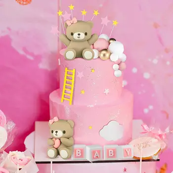  Прекрасна украса за торта с плюшено мече за едно малко момиче, интериор за детската душа, розови топки от стиропор, топперы за торта, разкрива пол, аксесоари за партита