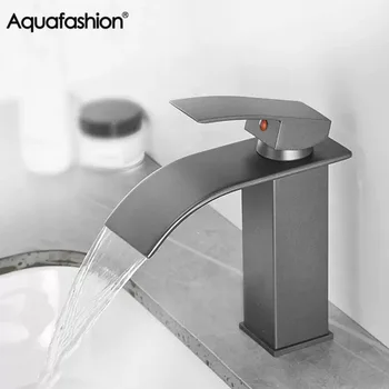  Грей смесител за мивка с водопад от неръждаема стомана за баня с топла и студена вода