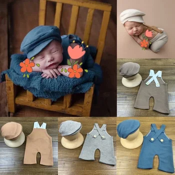  Дрехи за снимки на новородени, модерен гащеризон и джентльменская шапка, дълги панталони с завязками и шапки за специален повод