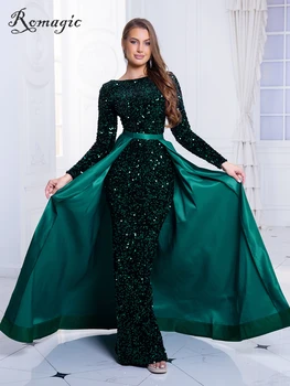 Romagic Скромна вечерна рокля с дълги ръкави и пайети, вечерна рокля Русалка с подвижна влак, Елегантна Зимна рокля 2023 година