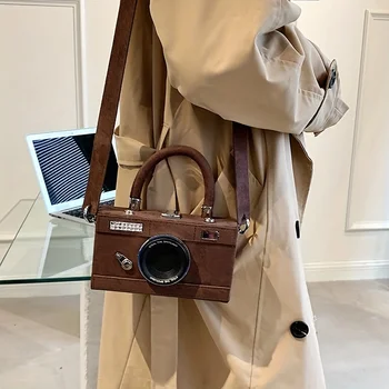  Чанта във формата на мини-фотоапарат, чанта през рамо от изкуствена матова кожа, ретро клатч-новост за жени