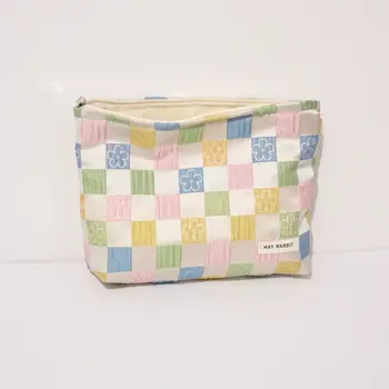 Косметичка в минималистичном стил, косметичка с рюшами, цветни клетчатая преносима холщовая чанта-клатч голям капацитет, чанта за багаж с цип