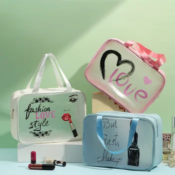  Новата пътна косметичка Дамска чанта за съхранение на козметика с принтом Love от PVC, Удобна чанта за пране
